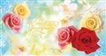 № 91-о/2009. С днем рождения! Красные и чайные розы на голубом фоне.