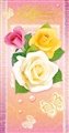 № заказа 2009-177/5. Поздравляю! Белая, розовая и желтая розы на розовом фоне.